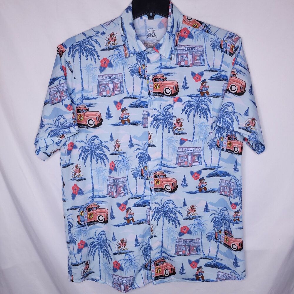 Bucees Hawaiian Shirt Mens Large Blue Truck Gas Station Palm Tree